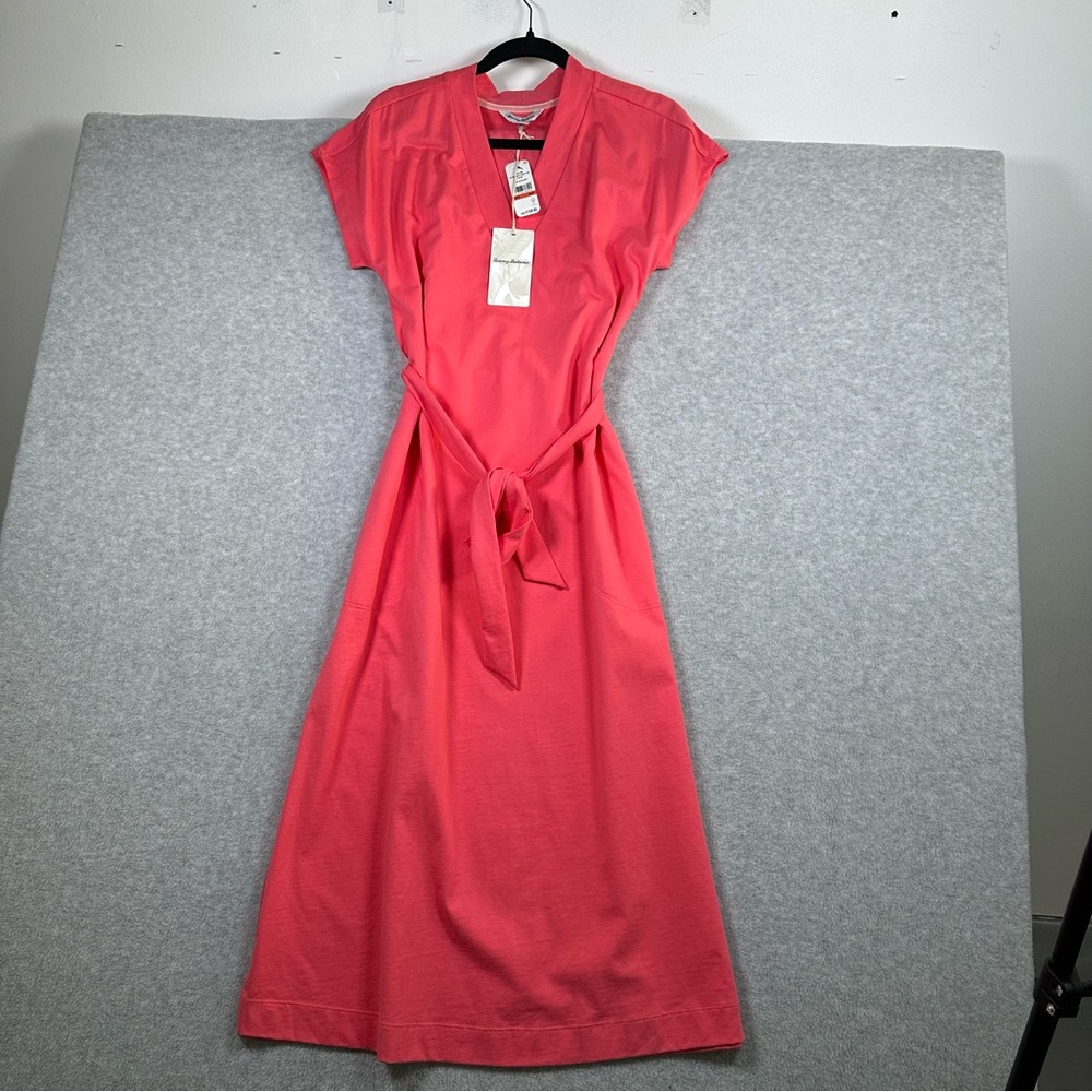 Tommy Bahama Islandscape Jersey Midi Dress NWT Melon Berry V Neck Pockets XS - Picture 7 of 16